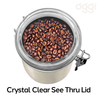 Oggi Stainless Steel Kitchen Canister 36 fl oz, Gray - Airtight Clamp Lid, Clear See-Thru Top - Ideal for Kitchen Storage, Food Storage, Pantry Storage. Size 4.75